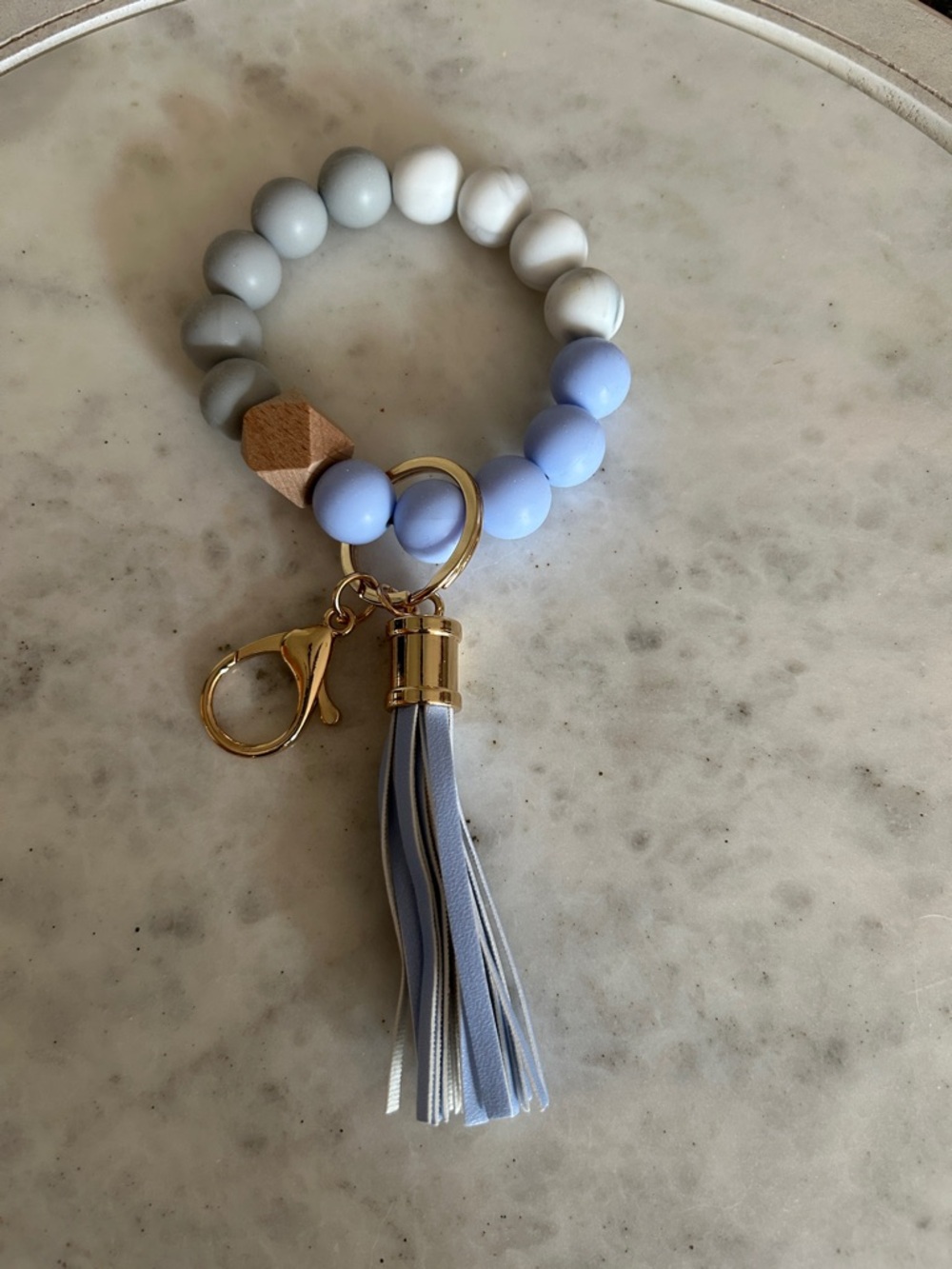 Beaded Tassel Keychain Bracelet - Light Blue, Gray, White